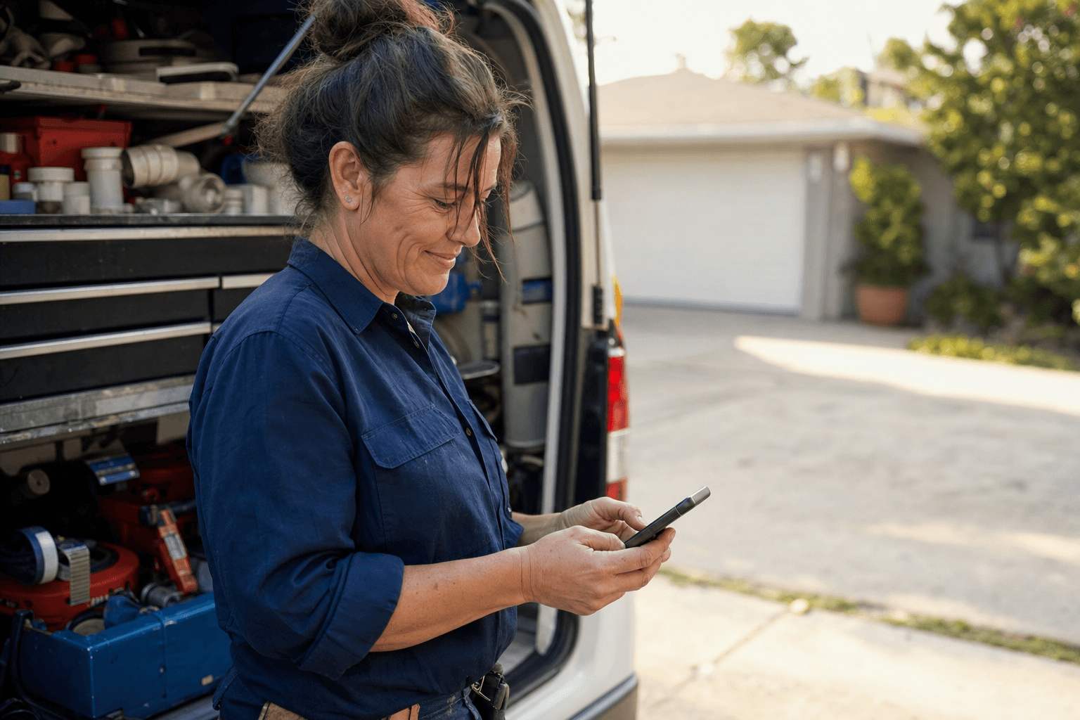 A tradeswoman beside her service van checking her phone after a customer paid