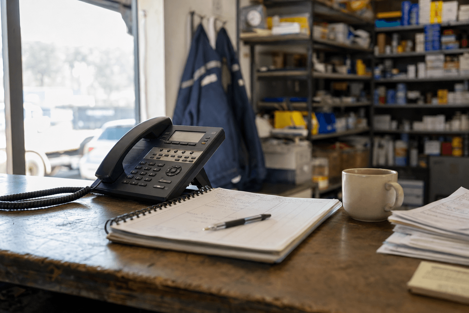 An HVAC shop front desk with the phone mid ring and no one there to answer